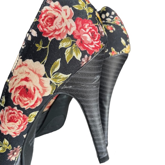 Rampage Womens 7 Black Pink Floral Print Stiletto High Heels Peep Toe Bow Shoe - Picture 5 of 13